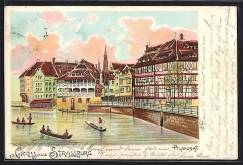 Lithographie Strassburg, Partie am Wasser mit Ruderbooten