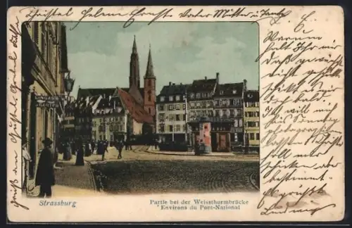 AK Strassburg, Strassenpartie bie der Weissturmbrücke mit Kirche