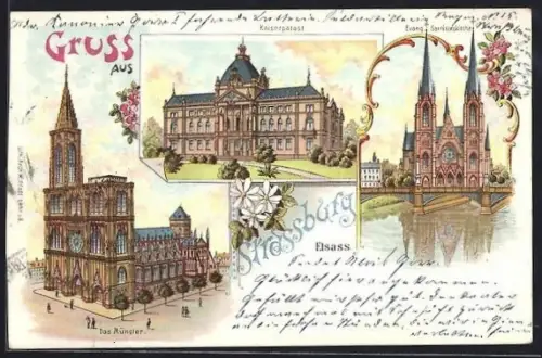 Lithographie Strassburg /Elsass., Kaiserpalast, Münster, Evang. Garnisonskirche