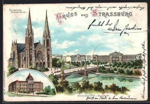AK Strassburg, Kaiser-Palast, Evangelische Garnison-Kirche