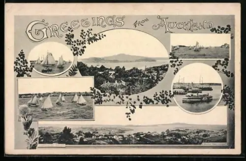 AK Auckland, Panorama, Segelboote u. Dampfer in Fahrt