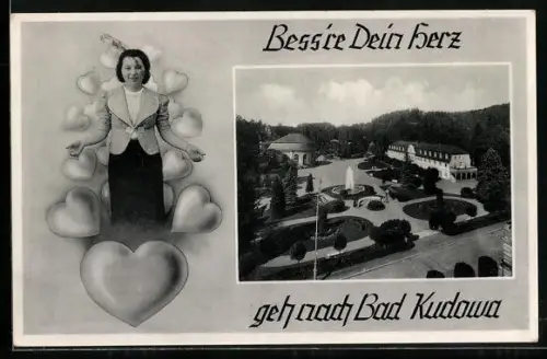 AK Bad Kudowa, Ortspartie mit Brunnen, Frau zwischen Herzen, Passepartout