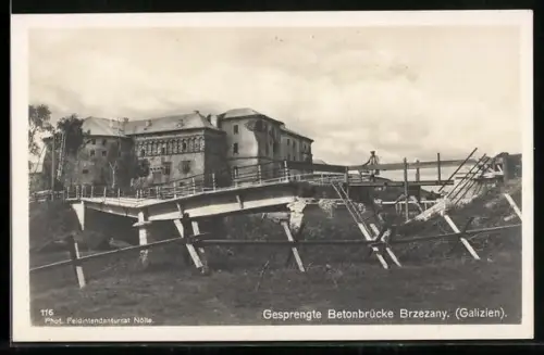 AK Brzezany /Galizien, Gesprengte Betonbrücke