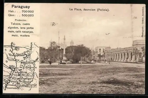 AK Asuncion /Policia, La Plaza, Landkarte von Paraguay mit Corriente, Itapun u. Amam