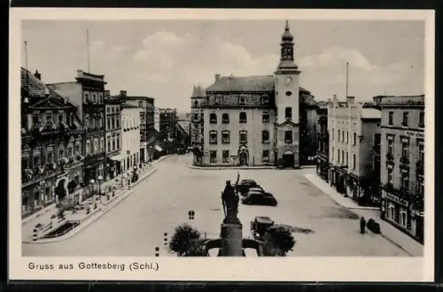 AK Gottesberg /Schl., Strassenpartie mit Rathaus