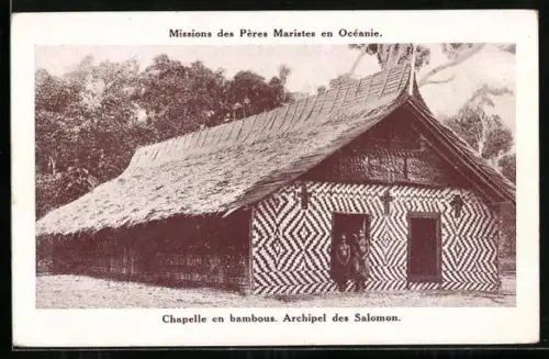AK Océanie, Missions des Péres Maristes, Chapelle en bambous, Archipel de Salomon