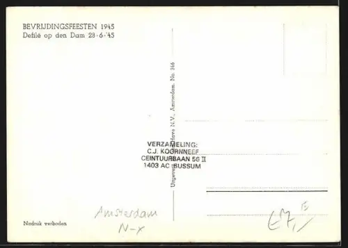 Foto-AK Bevrijdingsfeesten 28.6.1945, niederländisches Militärorchester während der Parade zur Befreiung der Niederlande