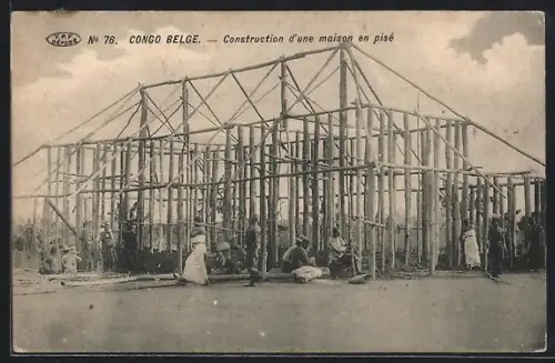 AK Congo Belge, Construction d`une maison en pisé