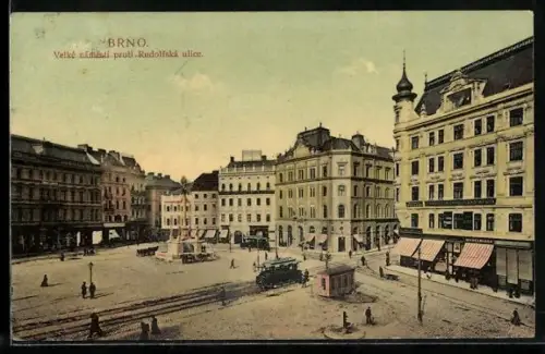 AK Brno, Velké námestí proi Rudolfská ulice, Strassenbahn