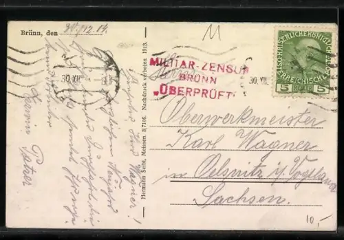 AK Brünn, Dominikanerplatz mit Strassenbahn