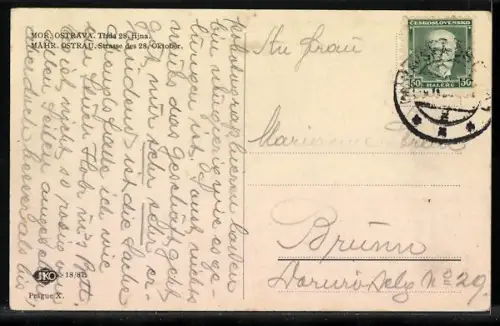 AK Mähr. Ostrau, Strasse des 28. Oktorber mit Strassenbahn