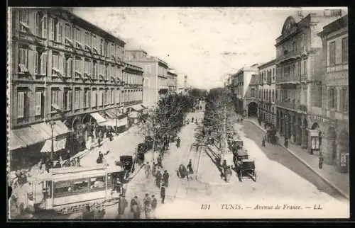 AK Tunis, Avenue de France, Strassenbahn