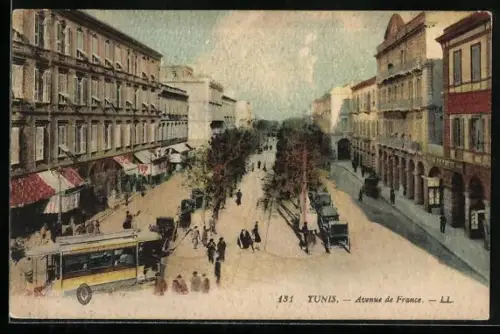 AK Tunis, Avenue de France et Tramway, Strassenbahn