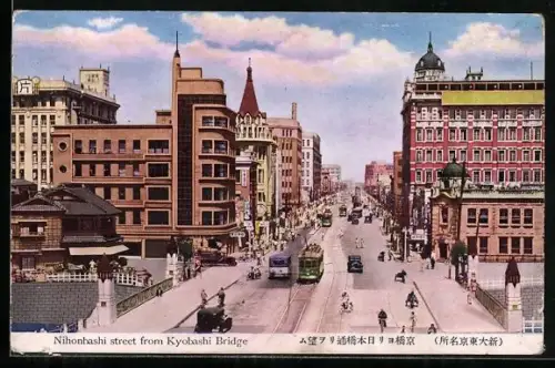 AK Tokyo, Nihonbashi street from Kyobashi Bridge, Strassenbahn