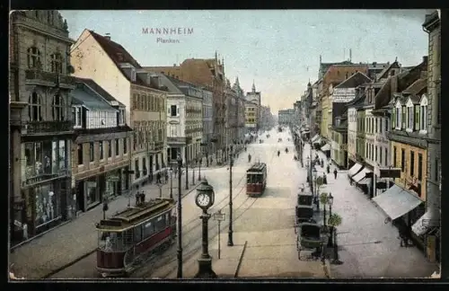 AK Mannheim, Strassenbahnen, Planken, Geschäfte, Kutschen