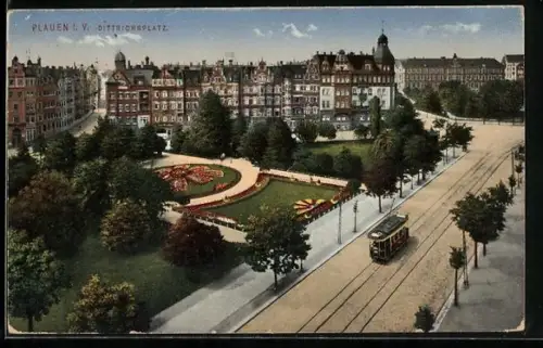 AK Plauen i. V., Dittrichsplatz mit Strassenbahn