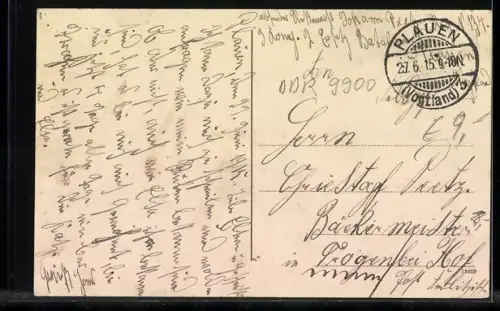 AK Plauen i. V., Postplatz mit Geschäften und Strassenbahn