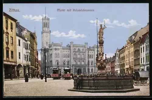 AK Zittau, Markt mit Rolandsbrunnen, Strassenbahn