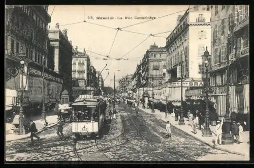 AK Marseille, La Rue Cannebière mit Strassenbahn und Leuten