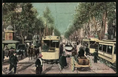 AK Marseille, Le cours Belsunce, Strassenbahn