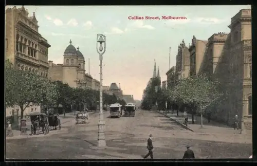 AK Melbourne, Collins Street, Strassenpartie mit Strassenbahn