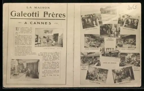 AK Cannes, La Maison Galeotti Frères, Entrée des Magasins, Galerie des Marbres, Atelier de Tapisserie