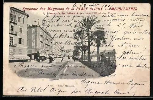 AK Nice, Quai Masséna, Magasins de la Place Clichy-Ameublements, Place de la Liberté