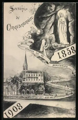 Künstler-AK Cauterets, Cinquantenaire 1858-1908, Kirche und Marienbild