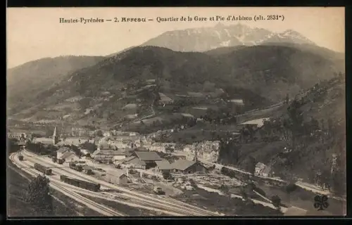 AK Arreau, Hautes-Pyrénées, Quartier de la Gare et Pic d`Arbizon