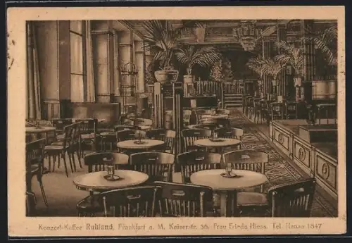 AK Frankfurt a. M., Kaffee Ruhland, Kaiserstrasse 56, Frau Frieda Hiess