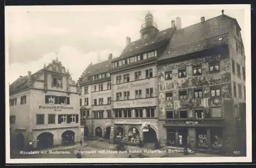 AK Konstanz, Obermarkt mit Haus zum hohen Hafen & Barbarossa