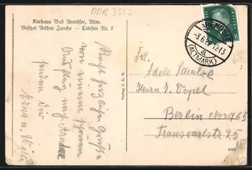 AK Bad Arendsee-Altmark, Strassenpartie zum Kurhaus, Besitzer Arthur Zauche