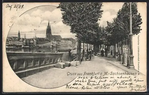 AK Frankfurt a. M., Sachsenhausen, Strassenpartie am Mainufer mit Brücke