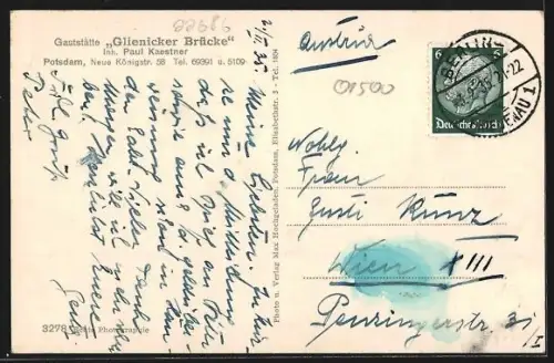 AK Potsdam, Gasthaus Glienicker Brücke, Neue Königstr. 58, Blick auf das Schloss Babelsberg