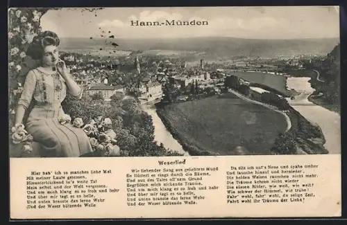 AK Hann.-Münden, Gesamtansicht, Junge Dame, Weserlied