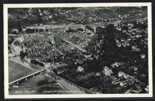 AK Hann Münden, Fliegeraufnahme mit Weserbrücke, Schloss und Stadtturm