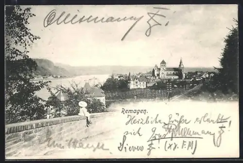 AK Remagen, Ortsansicht mit Rhein von einer Mauer aus