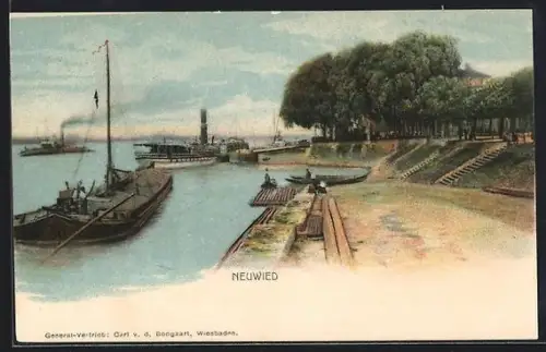 AK Neuwied, Hafenpartie mit Floss u. Dampfer