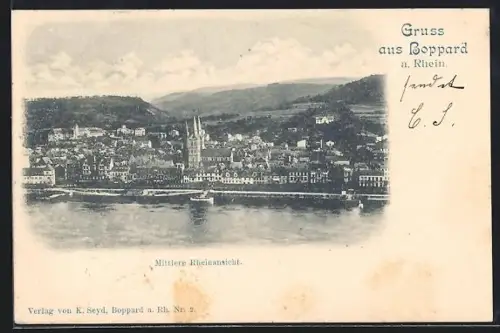 AK Boppard /Rhein, Mittlere Rheinansicht mit Ort
