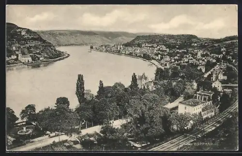 AK Boppard, Teilansicht mit Fluss aus der Vogelschau