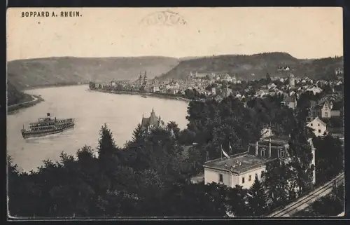AK Boppard /Rhein, Gesamtansicht mit Dampfer aus der Vogelschau