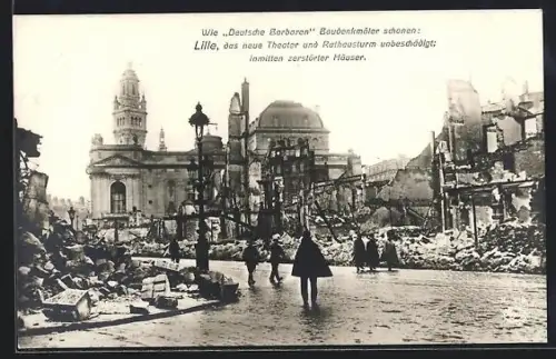 AK Lille, Neues Theater und Rathausturm inmitten zerstörter Häuser