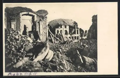 AK Auby, Zerstörte Ortspartie 1918