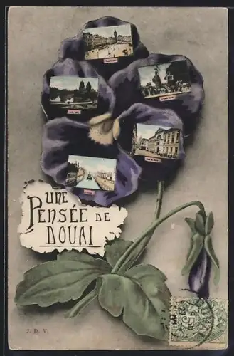 AK Douai, Place d`Armes, Jardin Public & Palais de Justice, Stiefmütterchen, Passepartout