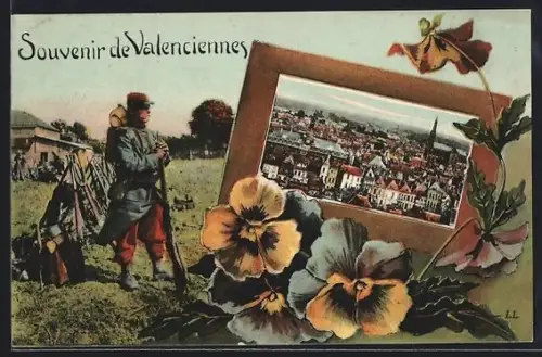 AK Valenciennes, Panorama, Soldat mit Gewehr, Passepartout