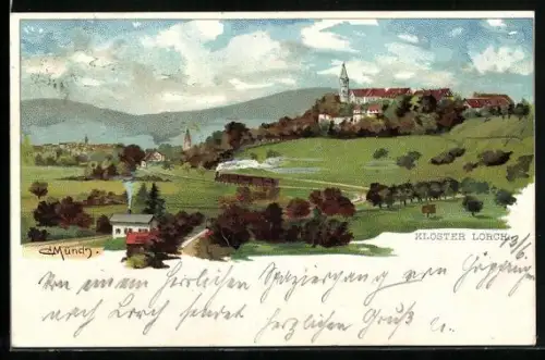 Künstler-AK Carl Münch: Lorch / Remstal, Kloster mit Bahn in der grünen Landschaft