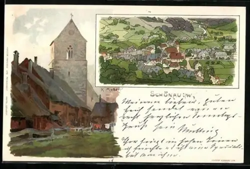 Künstler-Lithographie Karl Mutter: Schönau / Wiesenthal, Totale und Kirche