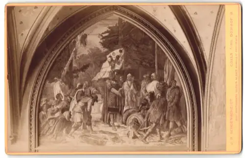 Fotografie J. H. Schoenscheidt, Cöln, Ansicht Aachen, Gemälde im Rathaussaal: Karl der Grosse zerstörung der Götzenbilde