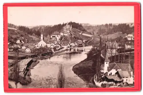 Fotografie Emil Wangemann, Passau, Ansicht Bad Hals, Flusspartie im Ort mit Blick zur Ruine