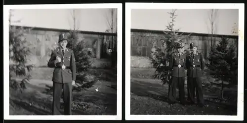 2 Fotografien unbekannter Fotograf, Ansicht Berlin, NVA-Grenzsoldaten, Patrouille an der Berliner Mauer, Zonengrenze